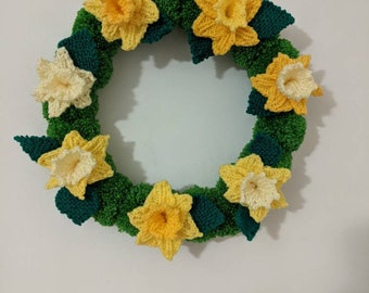 Beautiful hand knitted Spring or Easter daffodil wreath