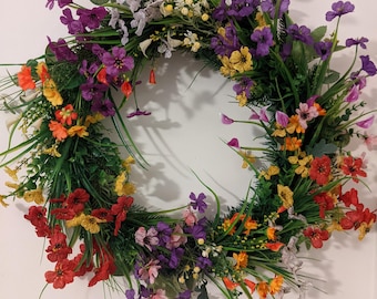 Artificial Wildflower Wreath:  Cottage, Rustic, Rainbow of Colours and Flowers