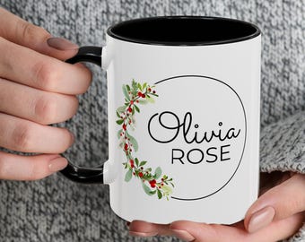 Personlig mugg med järnekblomma, personlig decemberpresent