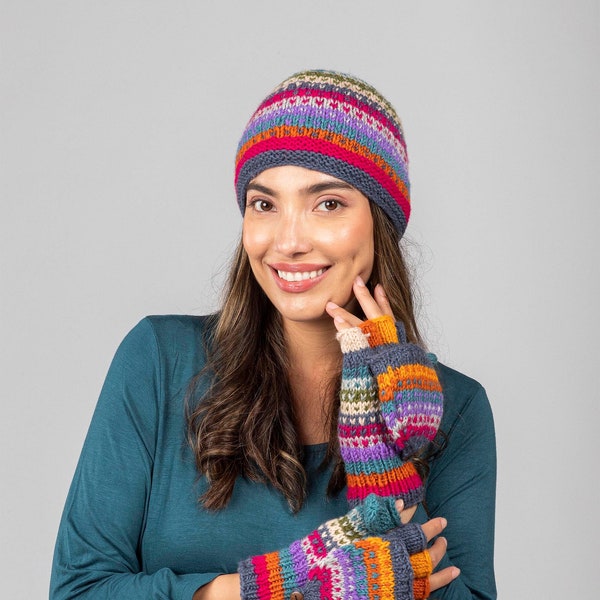Multi colored Knit Beanie.Women's Hand Knitted Wool  Fair Trade Winter Hat, Fingerless Gloves, Glittens