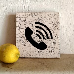 Icon 1, phone call symbol, handmade ceramic square, raku firing. image 5