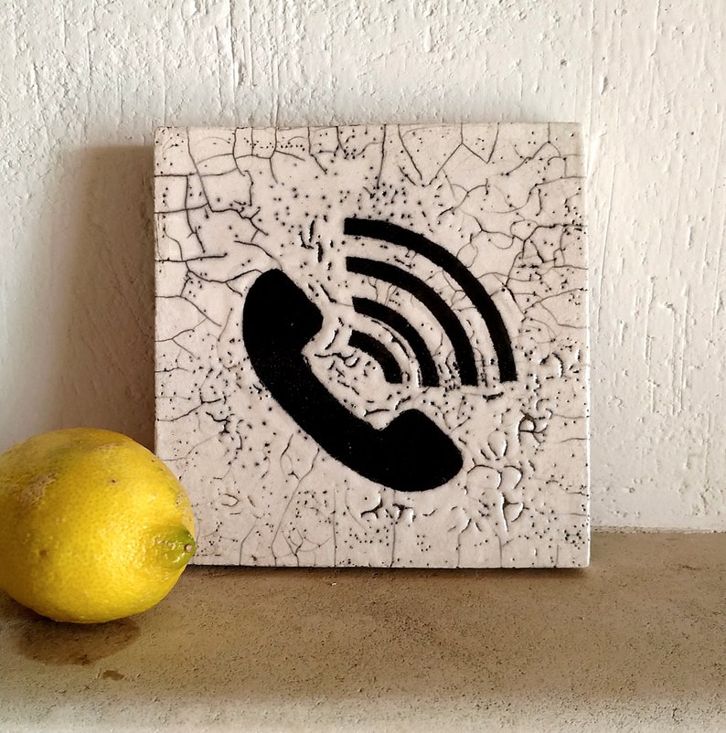 Icon 1, phone call symbol, handmade ceramic square, raku firing. image 5