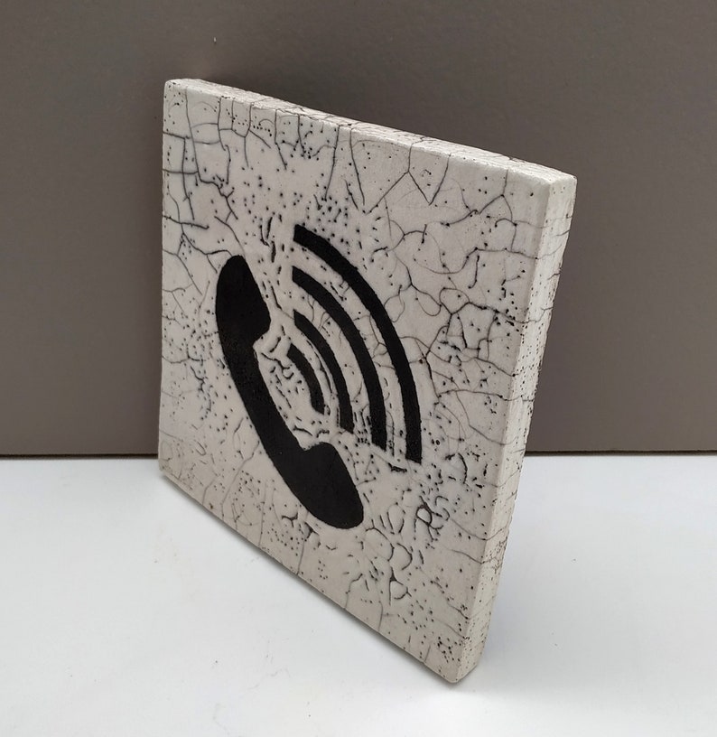 Icon 1, phone call symbol, handmade ceramic square, raku firing. image 2