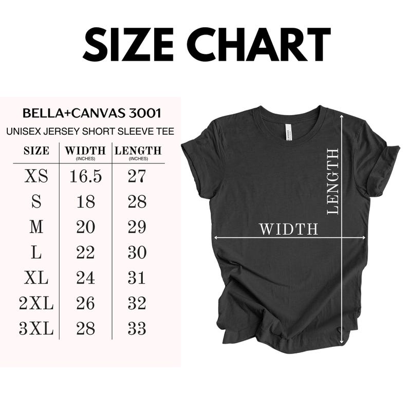 Peut inclure: Un t-shirt noir unisexe &agrave; manches courtes avec un tableau des tailles. Le tableau des tailles indique la largeur et la longueur en centim&egrave;tres pour les tailles XS &agrave; 3XL. Le texte sur le tableau indique "BELLA+CANVAS 3001 UNISEX JERSEY SHORT SLEEVE TEE".