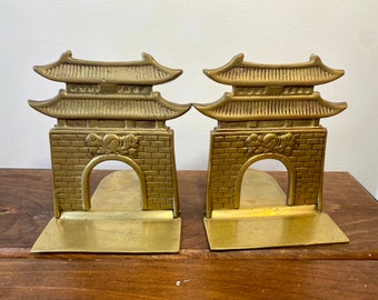 Vintage Brass Asian Pagoda Folding Bookends With Lotus Flowers