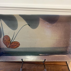 Vintage John Freimarck Signed Pottery Abstract Butterfly Rectangular Tray 16 Inches