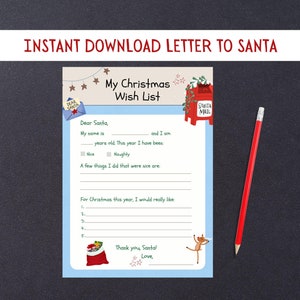 Cute Instant Download Letter to Santa Printable Kids Wish List Christmas Gift List Template Easy Printable Dear Santa Letter Favorite Gifts