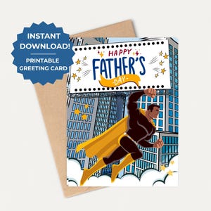 Carte de fête des pères imprimable pour papa super-héros Carte de héros des enfants Cadeau de fête des pères drôle et doux Carte de super papa ou beau-père vierge à l'intérieur