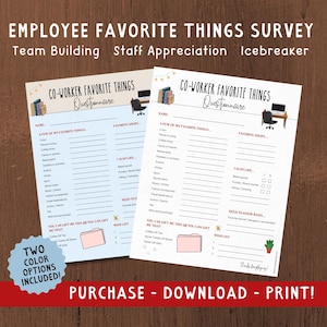 Co-Worker Favorite Things Questionnaire Printable Employee Survey All About Me Interview Teacher Favorites List Staff Appreciation Gifts
