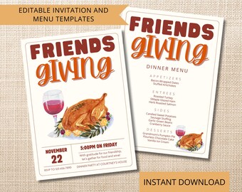 Editable Friendsgiving Invitation and Menu Template, Thanksgiving Party Customizable Printable and Digital Dinner Menu DIY Instant Download