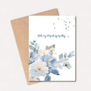 May include: A sympathy card with a watercolor floral design. The card features blue and white flowers with green leaves and the text "With my deepest sympathy" in blue script. The card is paired with a brown envelope.