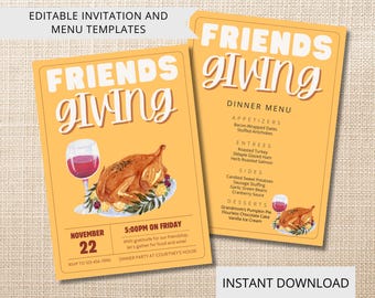 Editable Friendsgiving Invitation and Menu Template, Thanksgiving Party Customizable Printable and Digital Dinner Menu DIY Instant Download