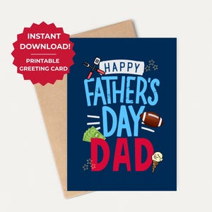 Afdrukbare vaderdagkaart van tiener Funny Dad Card voor grillmaster, voetbalfan, ijs- en geldkaart voor coole vaders blanco van binnen