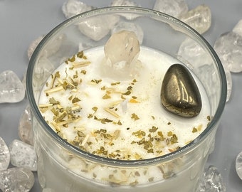 WEALTH Pyrite Crystal Intention Candle | Prosperity | Abundance | Willpower | Negative Vibe Blocker  | Money Drawing Powder | Abundance |
