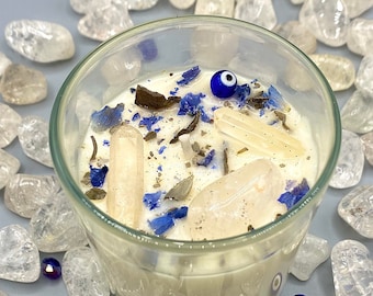 EVIL EYE PROTECTION |  Crystal Infused Candle Soy Wax | Sage | Clear Quartz | Intention