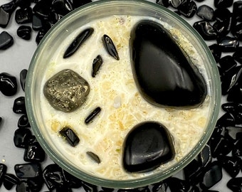 FINANCIAL WEALTH | Pyrite Black Tourmaline Citrine Clear Quartz Crystal Infused Candle | Boho Decor
