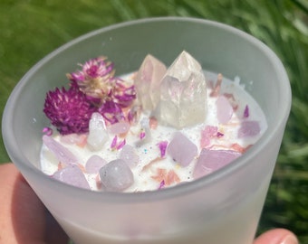 DIVINE LOVE Kunzite & Lemurian Quartz | Crystal Intention Candle | Spiritual Awakening | Heartbreak Healing | Feminine Energy | Heart Chakra