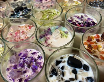 CREATE YOUR OWN Scented Crystal Candle 100% Soy Wax | Crystal + Herb infused Candle | Custom Made | Crystals Flowers | Magic Candles