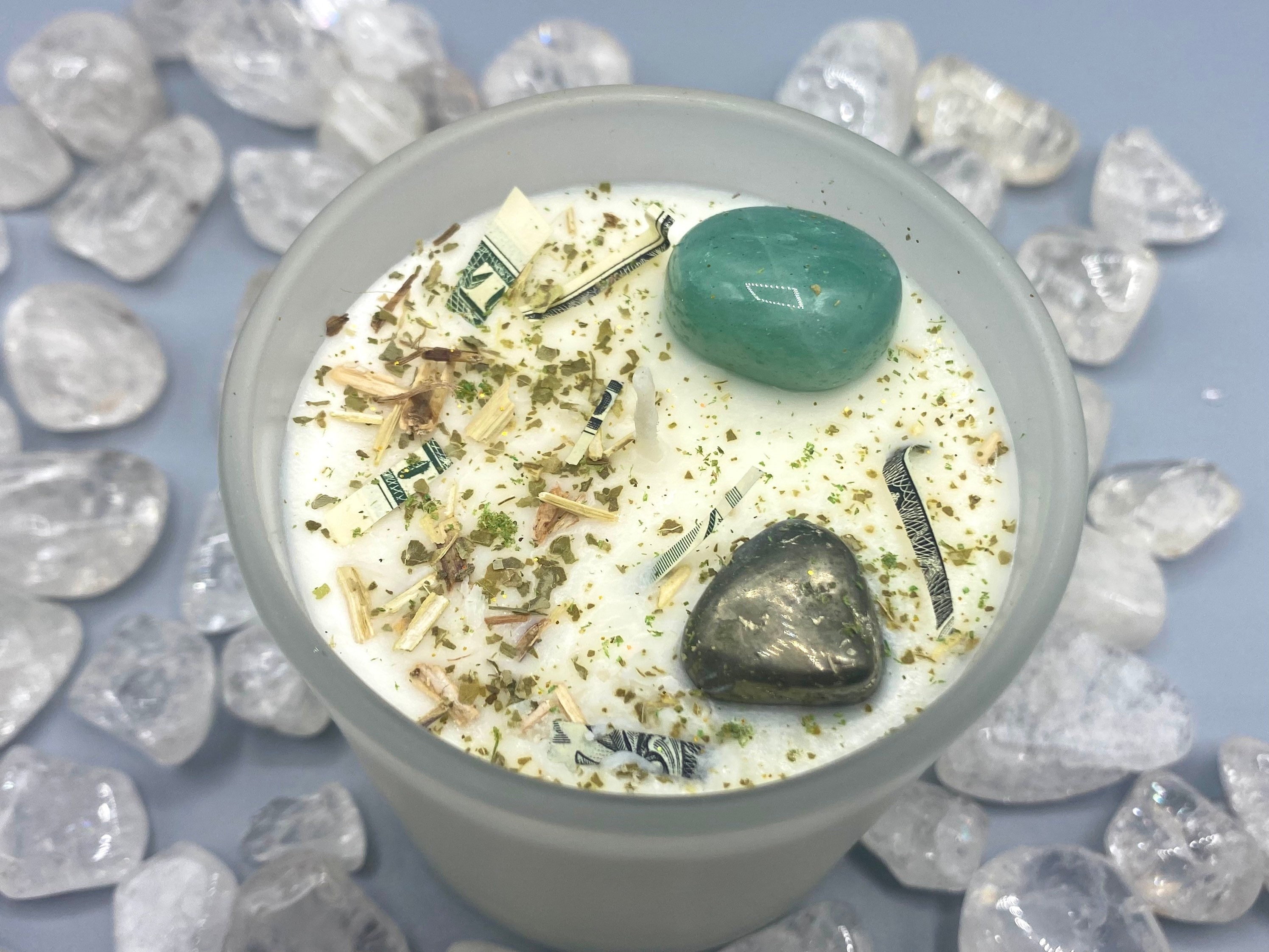 FINANCIAL MONEY SUCCESS Pyrite Green Aventurine Crystal Infused Candle | Passion Flower Money Drawing Powder | Abundance | Calming