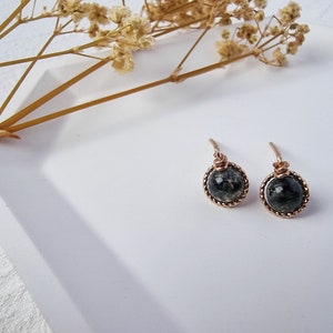 May include: A pair of earrings with black and white stone accents and a rose gold wire frame.