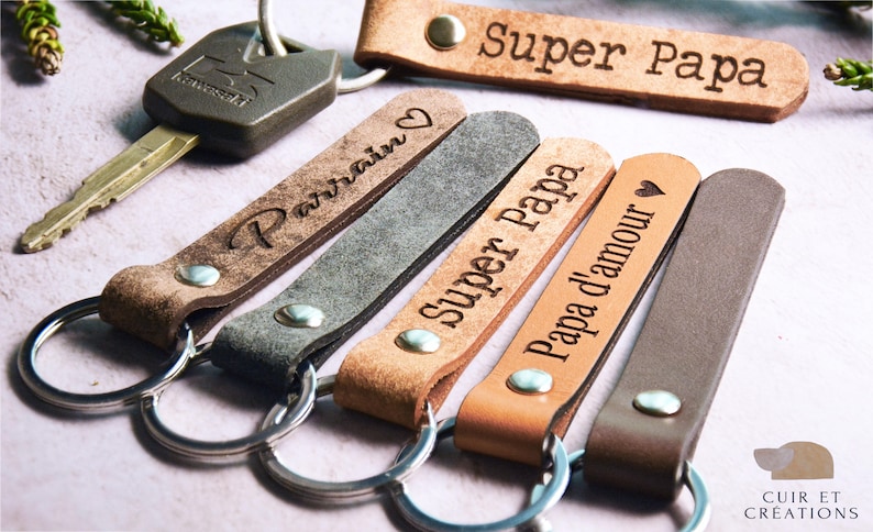 Gepersonaliseerde lederen sleutelhanger, sleutelhanger voor heren, gepersonaliseerd cadeau, peetvader sleutelhanger, lederen sleutelhanger, herencadeau, vader, Vaderdag afbeelding 1