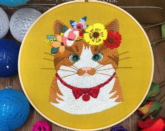 Cat Embroidery Kit For Beginner | Modern Embroidery Kit For Gift | Hand Animal Embroidery Full Kit For Her | DIY Craft Cross Stitch Kit
