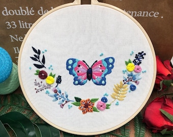 Butterfly Embroidery Kit For Beginner | Modern Embroidery Kit For Gift | Hand Flower Embroidery Full Kit For Her |DIY Craft Cross Stitch Kit