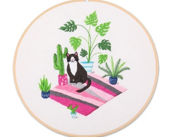 Cat Embroidery Kit For Beginner | Modern Embroidery Kit For Gift | Hand Animal Embroidery Full Kit For Her | DIY Craft Cross Stitch Kit
