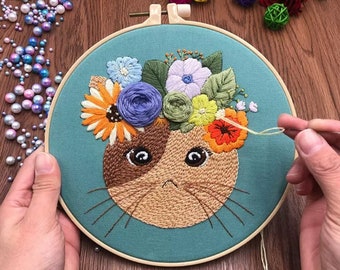 Cat Embroidery Kit For Beginner | Modern Embroidery Kit For Gift | Hand Animal Embroidery Full Kit For Her | DIY Craft Cross Stitch Kit