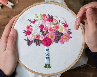 Kit de bordado de flores para principiantes / Kit de bordado moderno para regalo / Kit completo de bordado floral a mano para ella / Kit de punto de cruz artesanal de bricolaje