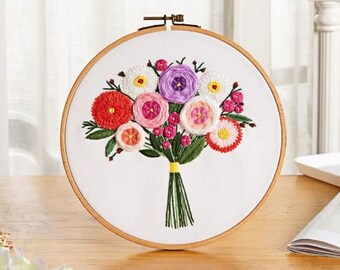 Kit de bordado de flores para principiantes / Kit de bordado moderno para regalo / Kit completo de bordado floral a mano para ella / Kit de punto de cruz artesanal de bricolaje