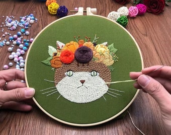 Cat Embroidery Kit For Beginner | Modern Embroidery Kit For Gift | Hand Animal Embroidery Full Kit For Her | DIY Craft Cross Stitch Kit