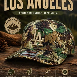 Mossy Oak Camo LA Baseball Cap, Tan Embroidered Logo, Adjustable Strap