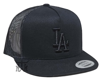 Black on Black LA Embroidered Trucker Hat, Yupoong Snapback