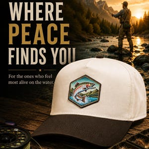 2-Tone Fishing Cap, Leatherette Trout Patch, Cream Crown Brown Bill, Outdoor Angler Hat