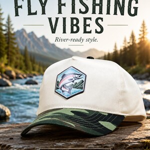 Sombrero de pesca de dos tonos, gorra de cuero sintético con parche de trucha y visera de camuflaje con corona natural