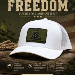 White Trucker Hat – “Don’t Tread On Me” Gadsden Patch, Snapback Curved Bill Cap