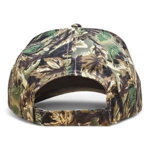 May include: A camouflage baseball cap, seen from the rear, with a pattern of green, brown, and tan colours. The cap has a curved peak and an adjustable strap. The design is similar to woodland camouflage.