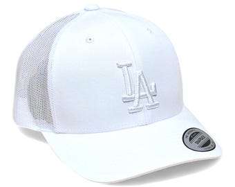 WHITE-on-WHITE LA Embroidered 6-Panel Trucker Hat, Yupoong Snapback
