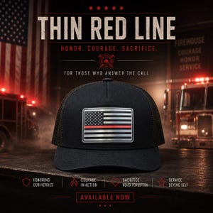 Zwarte truckerpet – Dunne rode lijn USA-vlagpatch (zilver en zwart drielaags) – Snapback pet met gebogen klep en mesh