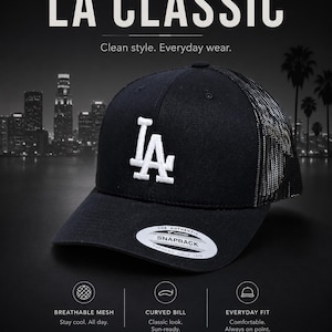 BLACK-on-BLACK Wioth White LA Embroidered 6-Panel Trucker Hat, Yupoong Snapback
