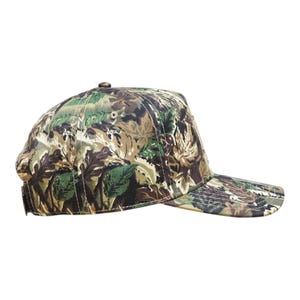 May include: A camouflage baseball cap with a pattern of green, brown, and tan leaves. The cap has a curved peak and a button on top. The hat is designed for outdoor activities and provides sun protection.