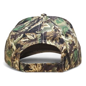 May include: A camouflage baseball cap with a curved peak, displaying a pattern of green, brown, and tan leaf and branch designs. The cap has a button on top and a fabric strap closure at the back.