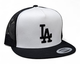Black on White Black LA Embroidered Trucker Hat, Yupoong Snapback