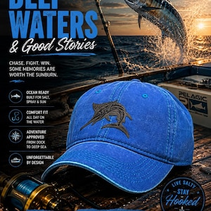 Aqua Blue Fishing Dad Hat, Engraved Marlin Leatherette Patch Cap