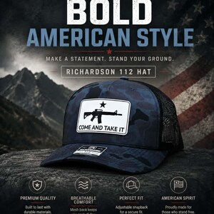 Richardson 112 Blue & Black Camo Trucker Hat – Black Mesh Snapback w/ 3D UV Printed Leatherette Patch “Come And Take It” – Curved Bill