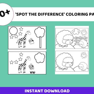 May include: Black and white coloring pages featuring a giraffe and a butterfly, and a sheep and a lamb. The text '60+ 'SPOT THE DIFFERENCE' COLORING PAGES' is at the top of the image. The text 'INSTANT DOWNLOAD' is at the bottom of the image.