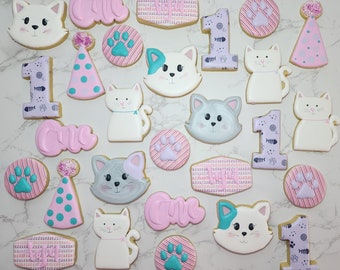 Kitty Cat Theme - Birthday Sugar Cookies - Custom Sugar Cookies