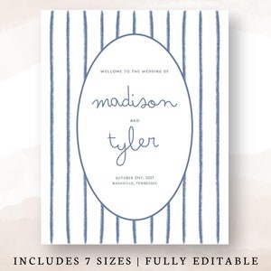 Blue Striped Wedding Welcome Sign, Blue and White Welcome Signage, Simple Striped Signage, Editable Template Canva, Classic Simple Wedding