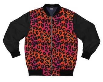 May include: A black bomber jacket with a zipper closure. The front of the jacket features a pink, orange, and red leopard print pattern.